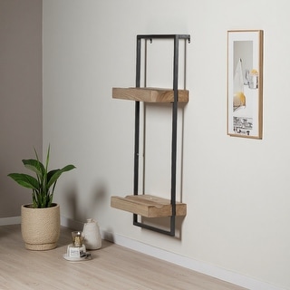 27"H Iron & Wood Wall Shelf, 2 Shelves, Plate Grooves, Entryway or Kitchen