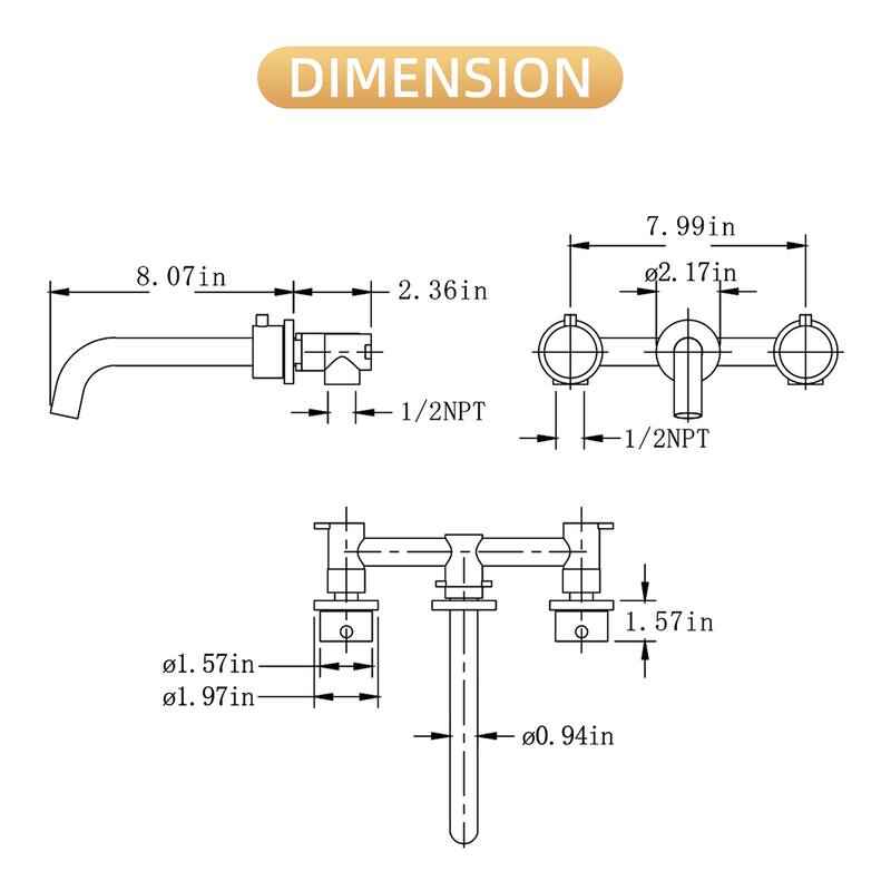 Modland Wall Mounted 3-Hole Bathroom Sink Faucet Widespread with 2 Handles