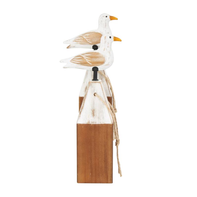 Brown Wooden Bird Decorative Sculpture with White Distressed Buoy Posts (Set of 2)
