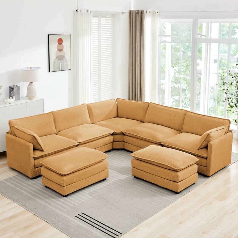 7-Seater Corduroy Sectional Sofa with 2 Removable Ottomans & Corner Seat, Soft & Comfortable - 5 Seats with 2 Ottoman