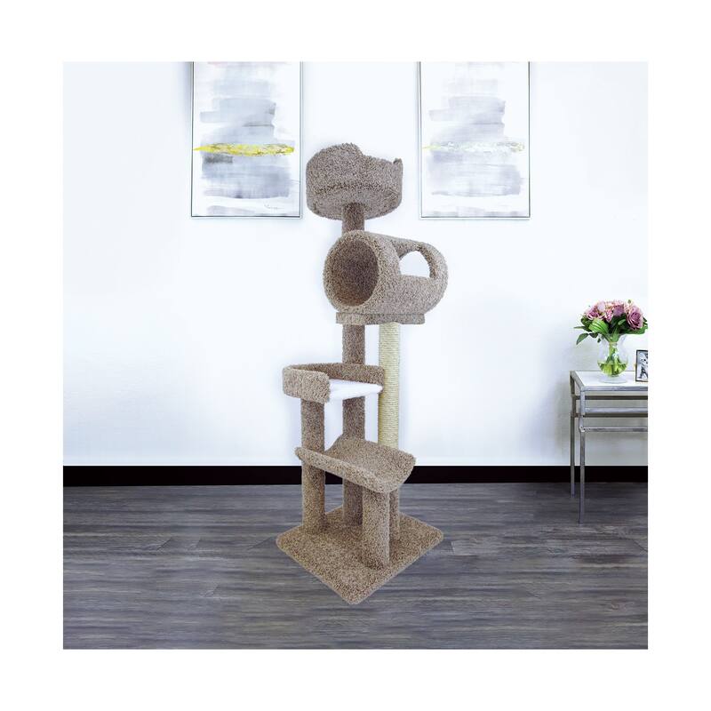 Solid Wood Multi-Level Cat Tower with Hammock, Tunnel and Sisal Rope Posts for Indoor Cats