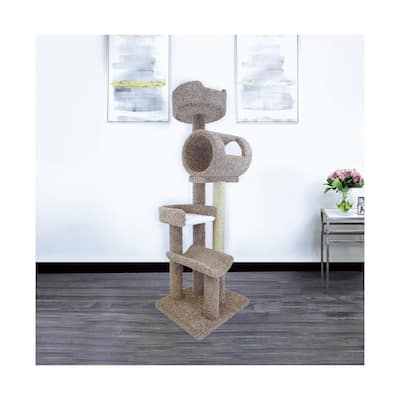 Solid Wood Multi-Level Cat Tower with Hammock, Tunnel and Sisal Rope Posts for Indoor Cats