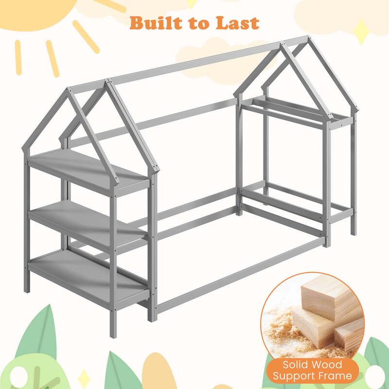Wood Montessori Floor Bed Twin Floor Bed w/ Storage Bookshelf