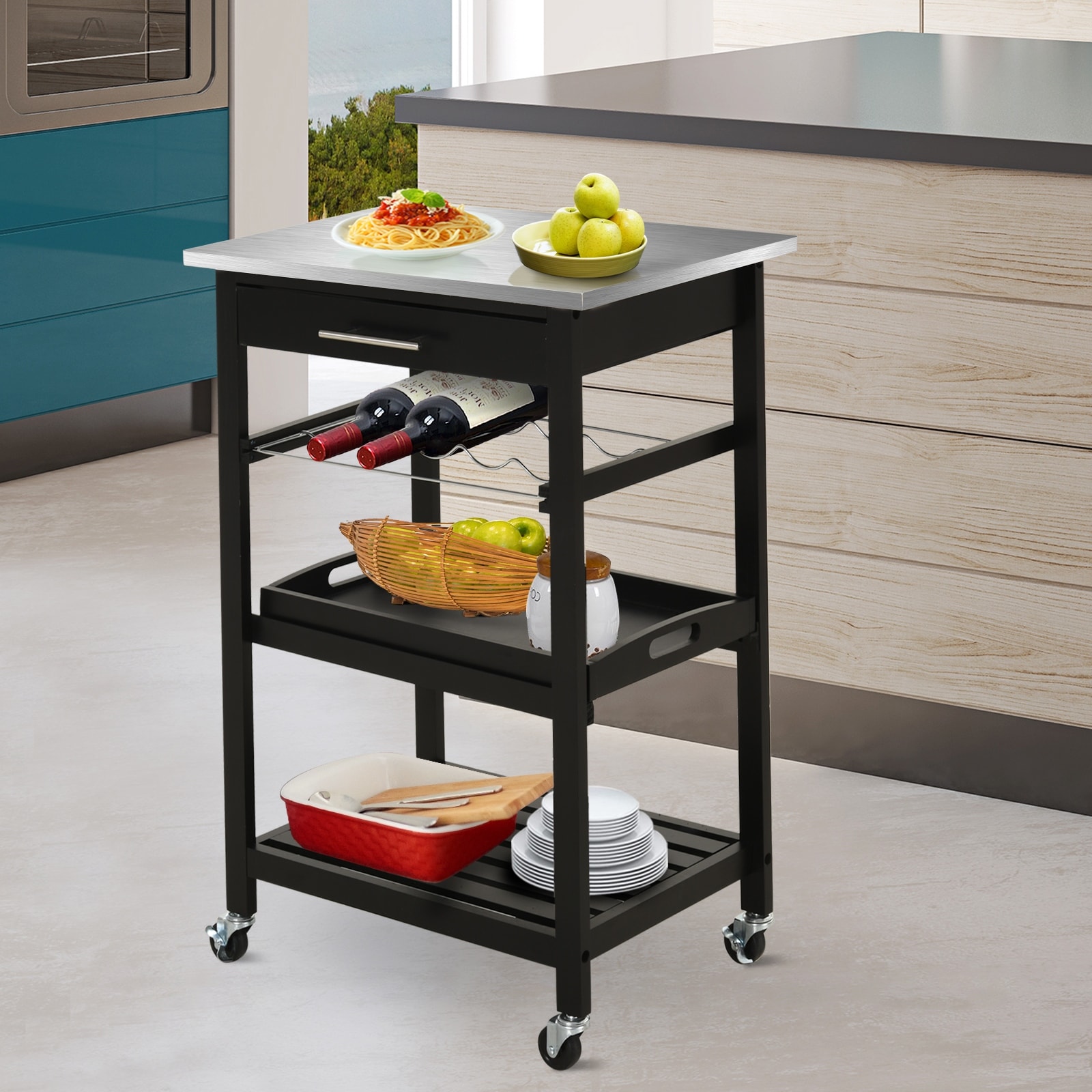 Shop Black Friday Deals On Homcom Pine 3 Tier Multifunction Rolling Kitchen Island Cart With Open Storage Shelves