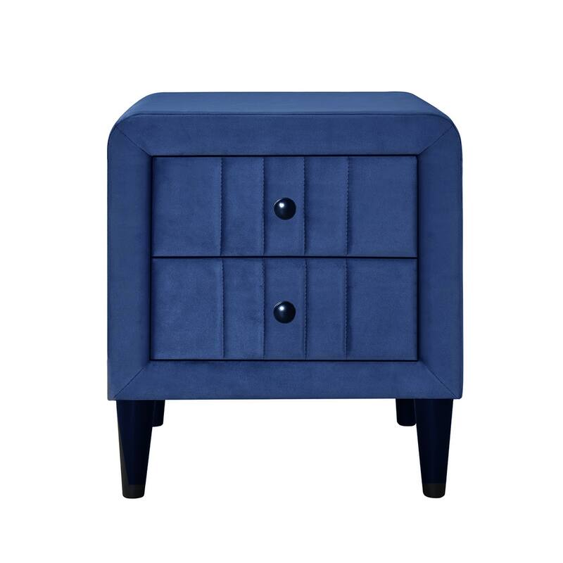2 Drawers Velvet Upholstered Nightstand with Tapered Shape Legs - Navy Blue