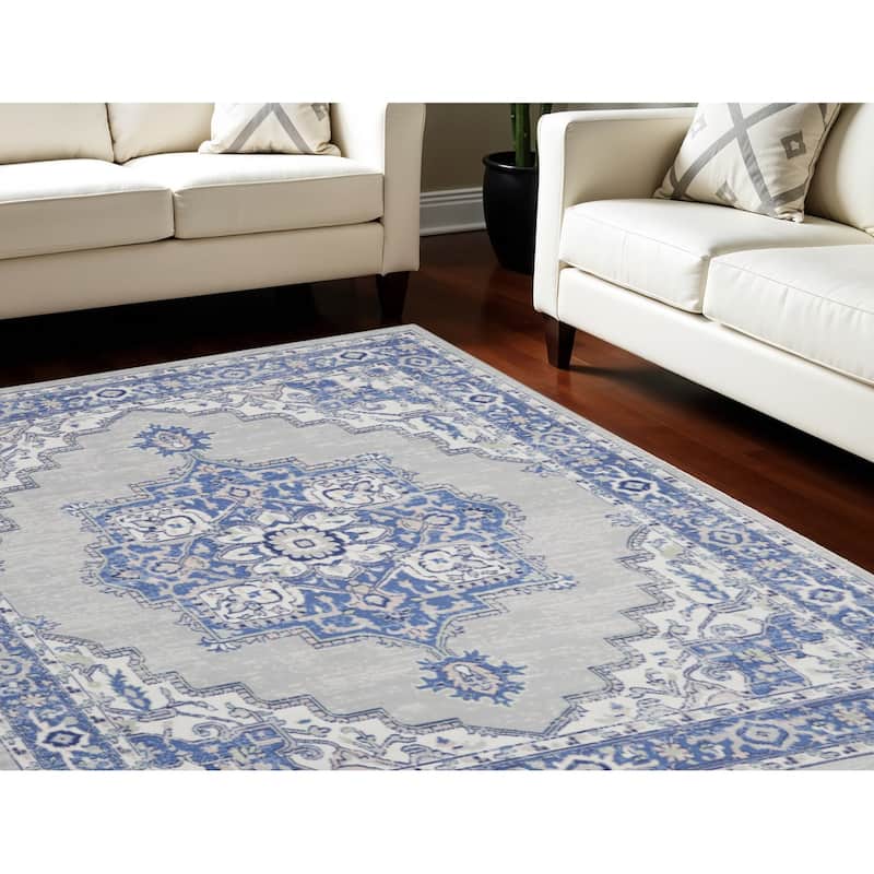 Power Loomed Distressed Floral Non Skid Stain Resistant Area Rug - 120' X '96' X '0.39 - 120' X '96' X '0.39 - Oxford Blue - Rectangle