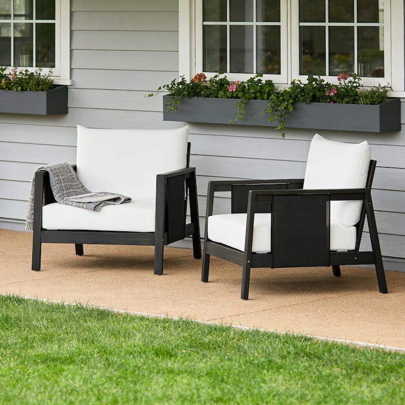 Christopher Knight Home - Outdoor Acacia Wood Club Chair with Water-Repellent Cushions and Textilene Accents - Set of 2 - Dark Grey+Black Textilene+White cushion