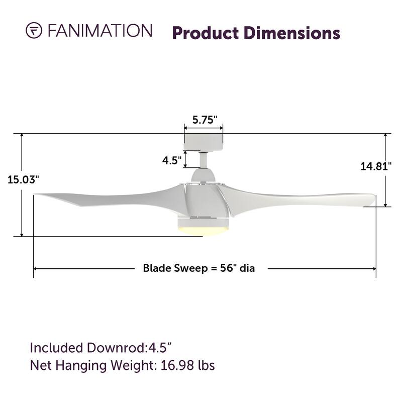 Fanimation Klear 56 inch Indoor/Outdoor Smart Ceiling Fan with LED CCT Select Light Kit and Remote - Matte White