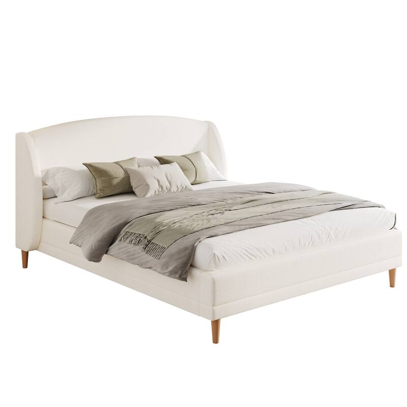 King Size Upholstered Platform Bed with Wingback Headboard, Boucle Fabric, White