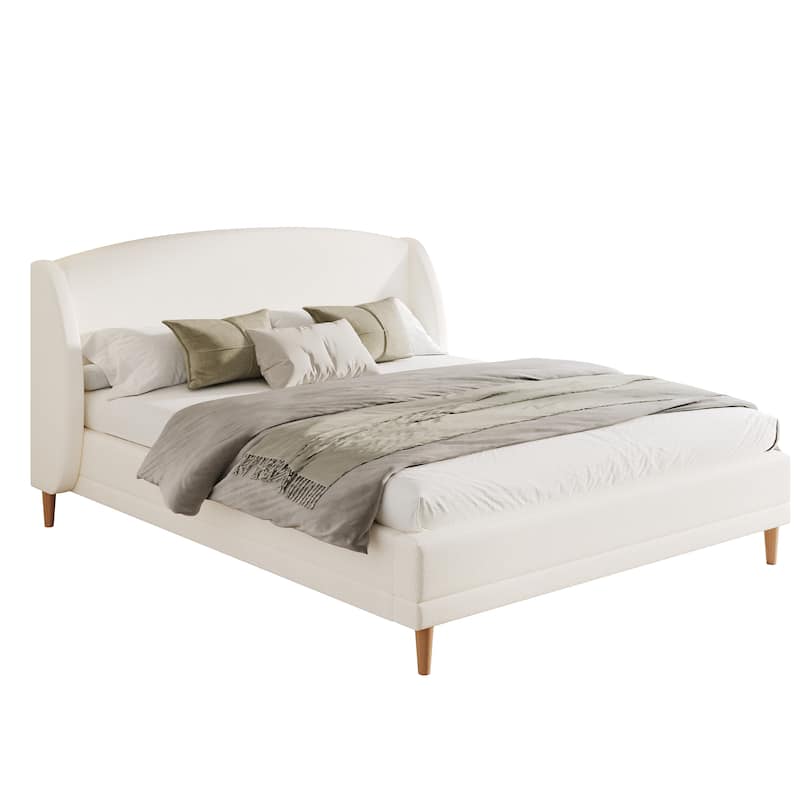 White Platform Bed, Boucle Fabric Upholstered Frame Rounded Corners Headboard Wingback Bed with Wood Slat and Center Metal Legs