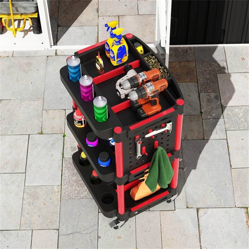 Three-Tier Mobile Rolling Tool Cart with Hooks and Storage Holes for Garage Workshop Organizer - 22.2" W x 18.7" D x 35" H