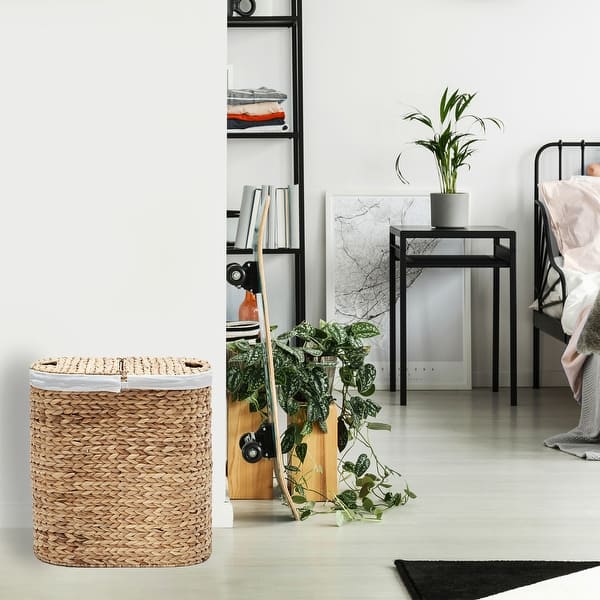 Seville Classics Hand Woven Natural Wicker Water-Hyacinth Lidded Oval Double Laundry Hamper