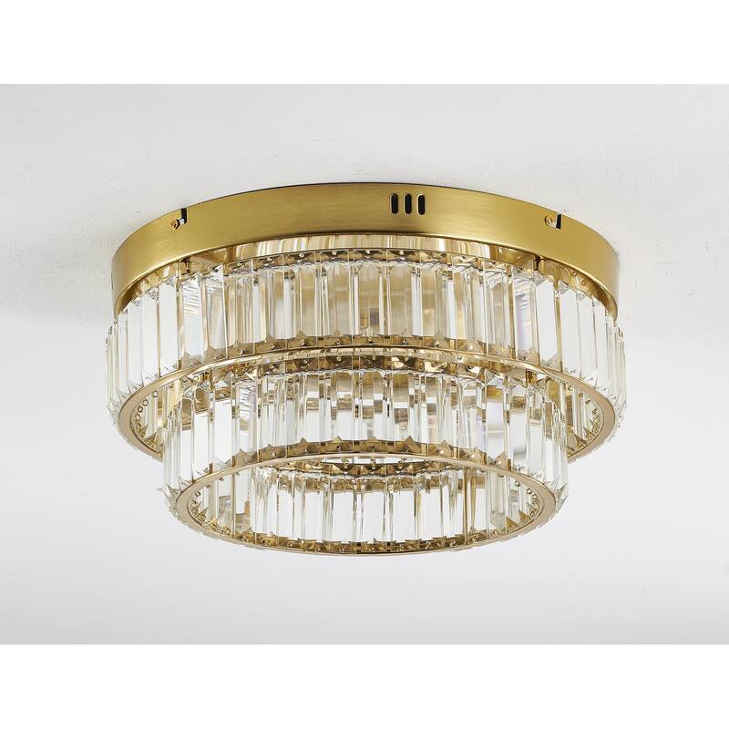 2-Light Brass Dimmable LED Flush Mount With Clear Crystals