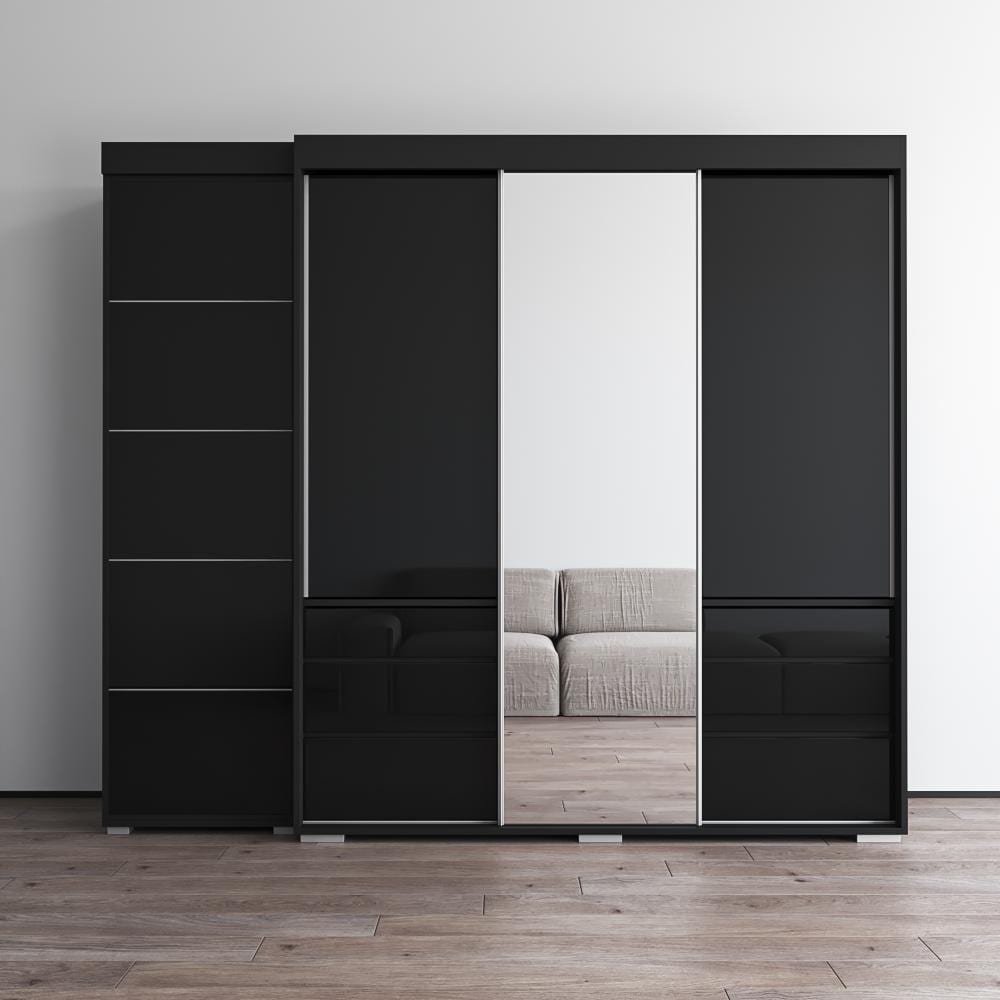 Meble Furniture Monaco 3D-EX Wardrobe with Mirror, Matte Body and Glass Fronts, 94.2"W x 26"D x 82"H