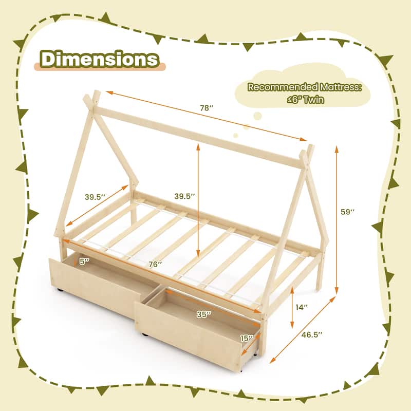 Kids Twin Size Wooden House-Shaped Platform Bed with Storage Drawers for Boys and Girls