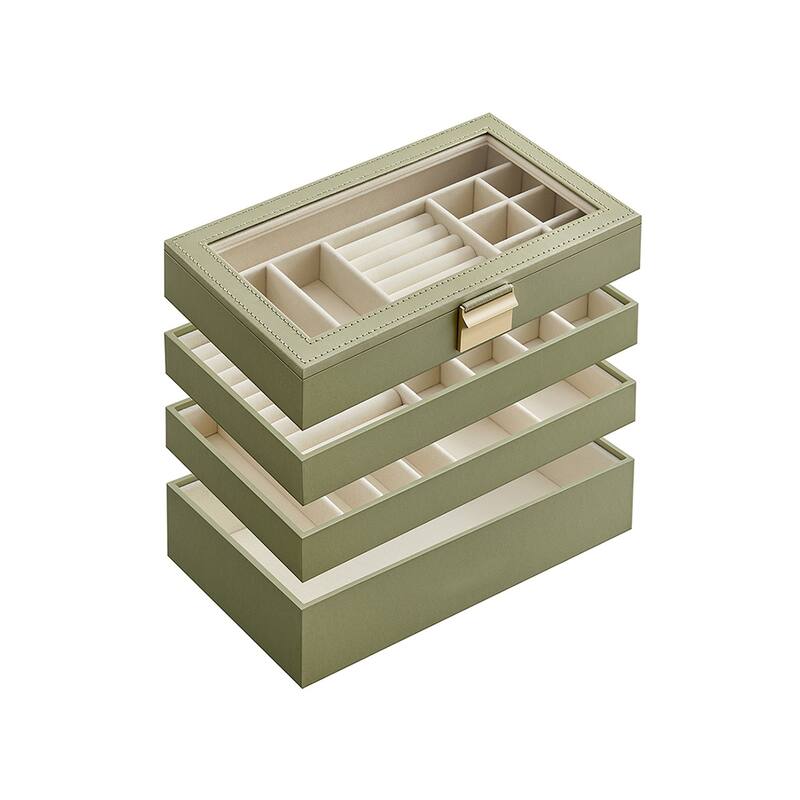 Multi-Layer Jewelry Storage Box with Stackable Trays and Soft Velvet Interior Protection and Glass Lid - 4-Tier - Laurel-Green