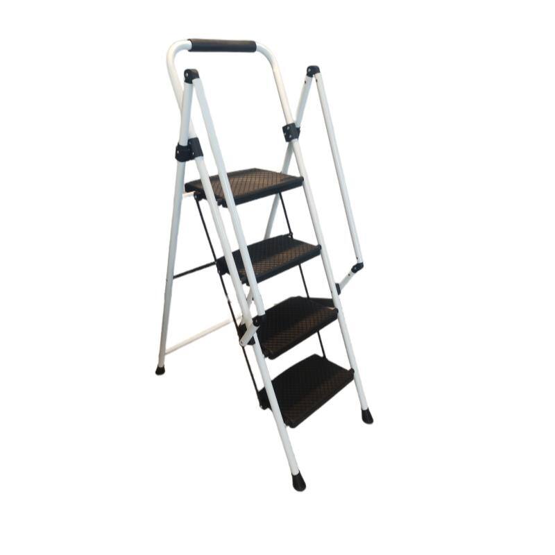 White 4-Step Folding Ladder with Safety Handle and Anti-Slip Pedals