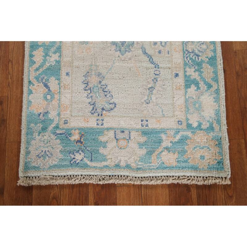Hand Knotted Oriental 100% Wool Carpet Transitional Geometric Green Oushak Area Rug - 2' 11'' X 1' 11''
