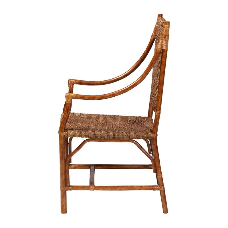Ramos Marbled Tortoise Natural Rattan and Seagrass Armchair - Handwoven Wicker Chair, Rustic Boho Accent Seating
