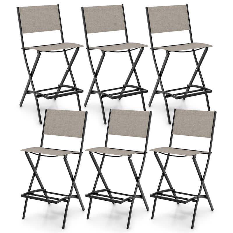 Gymax Folding Bar Stools Set of 6 Patio Sling Chairs w/ Backrest - Counter Height - Brown - Set of 4