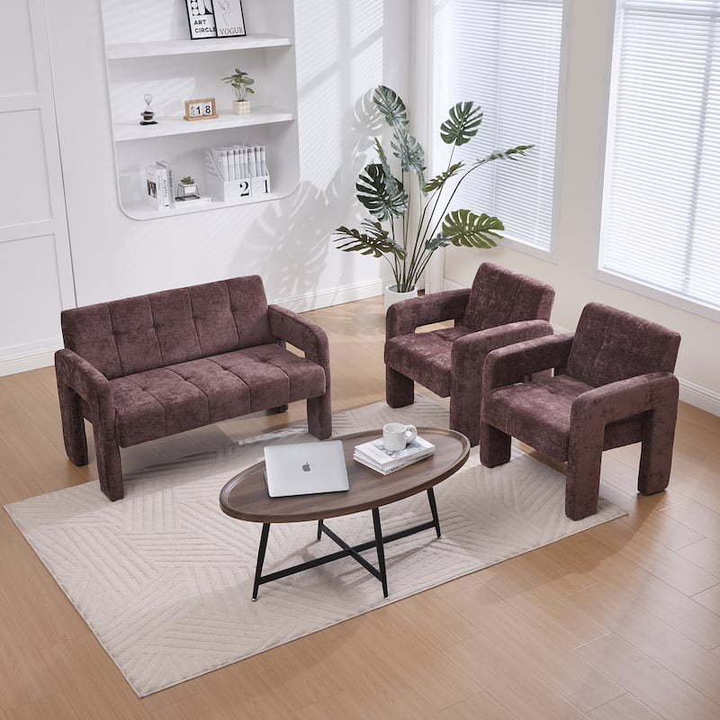 Modern 2-Seater Sofa Armchair with Chenille Fabric, for Living Rooms, Bedrooms, Lounges and Reading, Wine Red