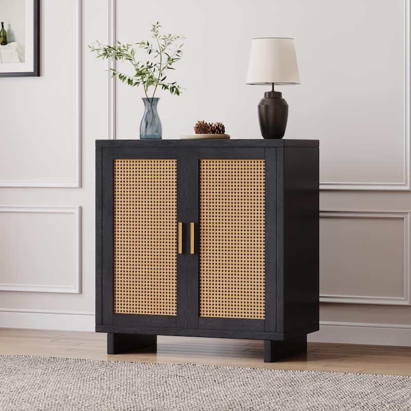 Wood Accent Cabinet Sideboard Buffet with Rattan Doors - Black