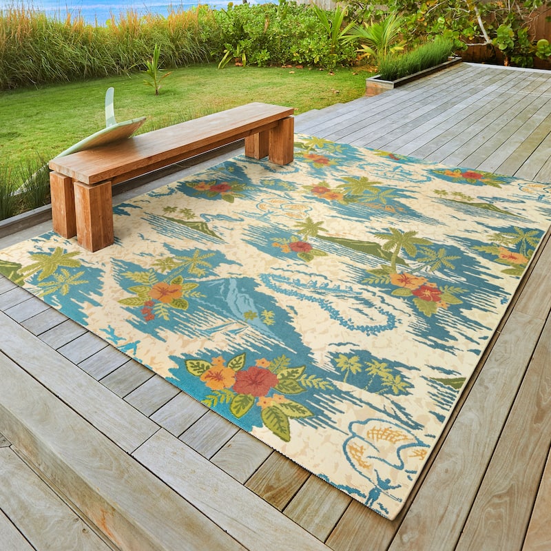 Reyn Spooner Fresco Lanai Beige/Blue Tropical Island Volcano Flatweave Indoor/ Outdoor Area Rug