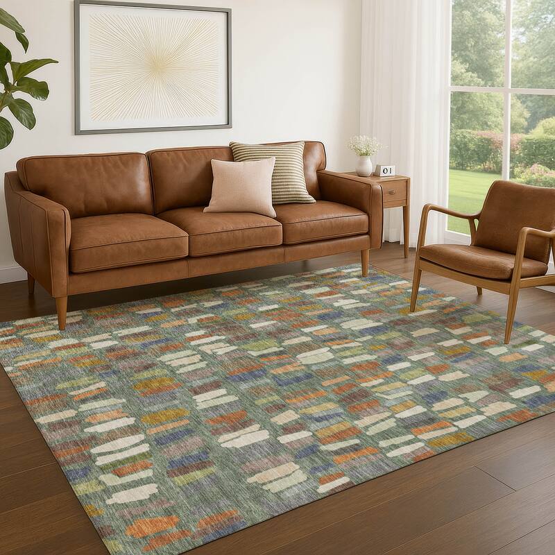 Machine Washable Indoor/ Outdoor Modern Mosaic Chantille Rug