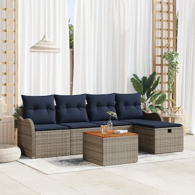 vidaXL 6 Garden Sofa Set with Cushions Black/Grey Poly Rattan - 90.9 x 46.1 x 27.2