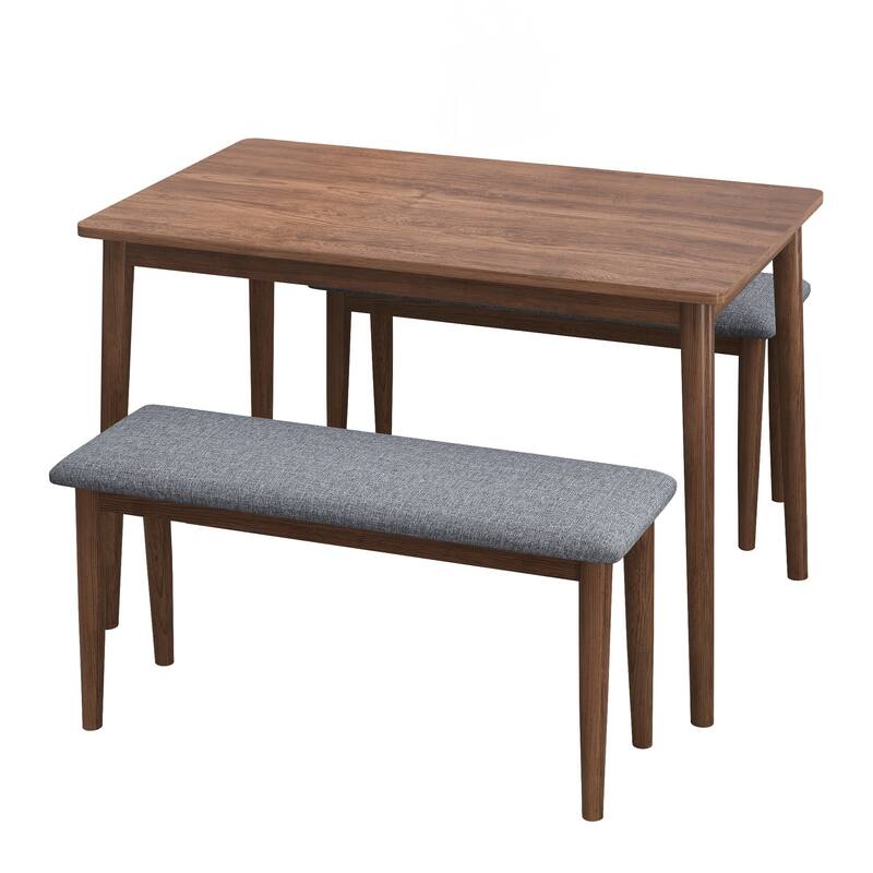 3 Pieces Dining Table Set Includes 1 Rectangular Table & 2 Padded Benches All Rubber Wood