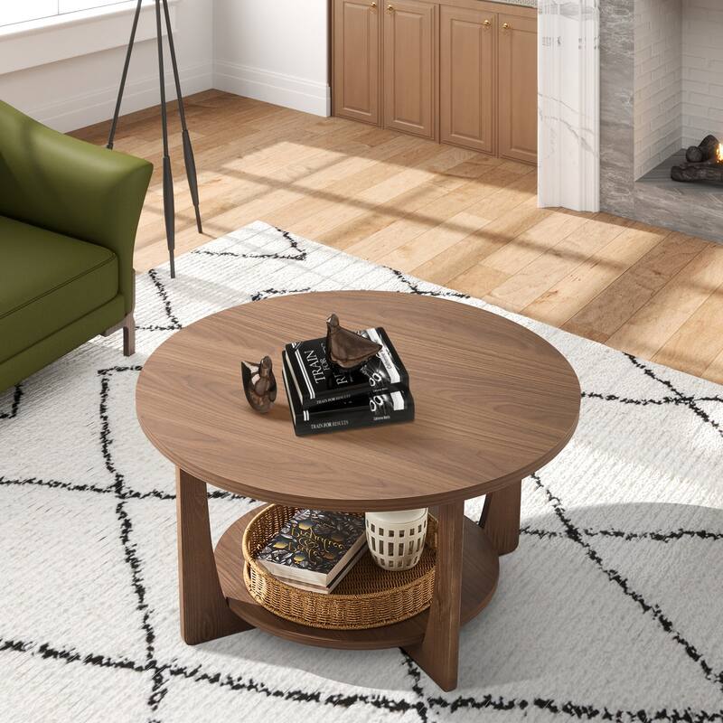 31.5" Round Coffee Table with Solid Wood Legs and 2-Tier Storage - 31.5"Dia x 17.72"H