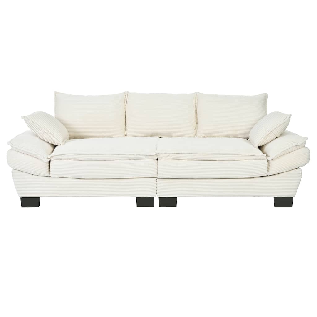 85.4" Upholstered Curved Sofa with Decorative Throw Pillows, 3-Seat Corduroy Fabric Couch for Living Room