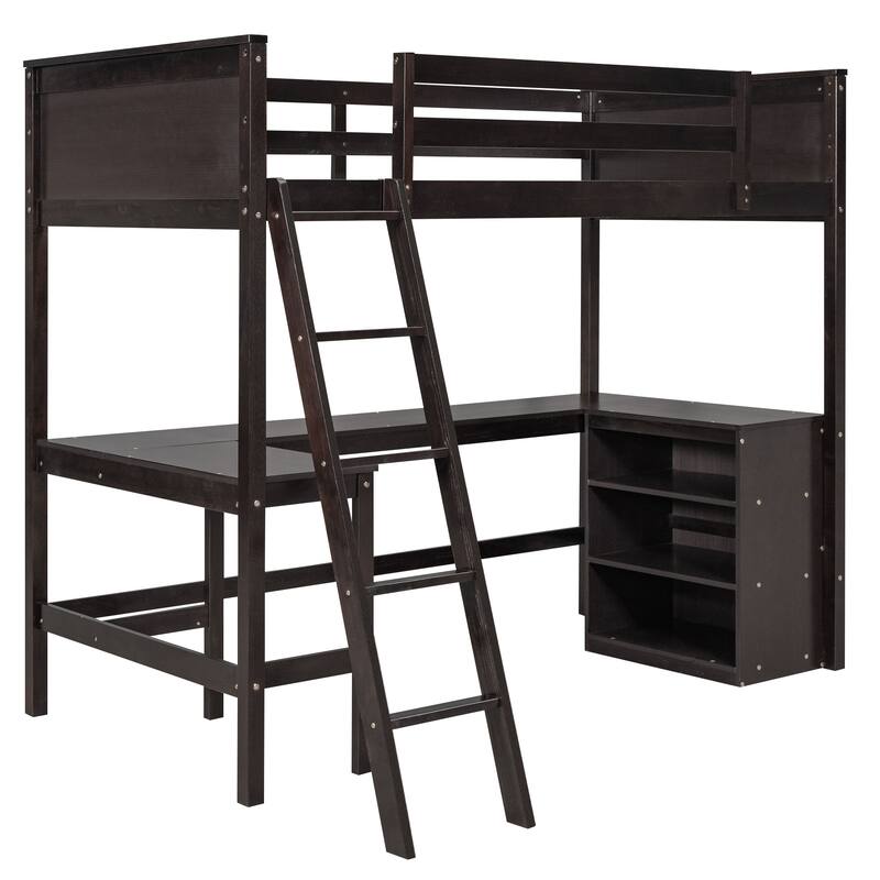 Wood Twin Loft Bed with Desk, Shelves, MultiFunctional Design Bed