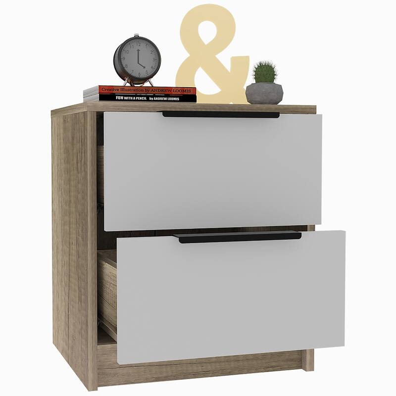 Nightstand with Two Drawers, Metal Handle