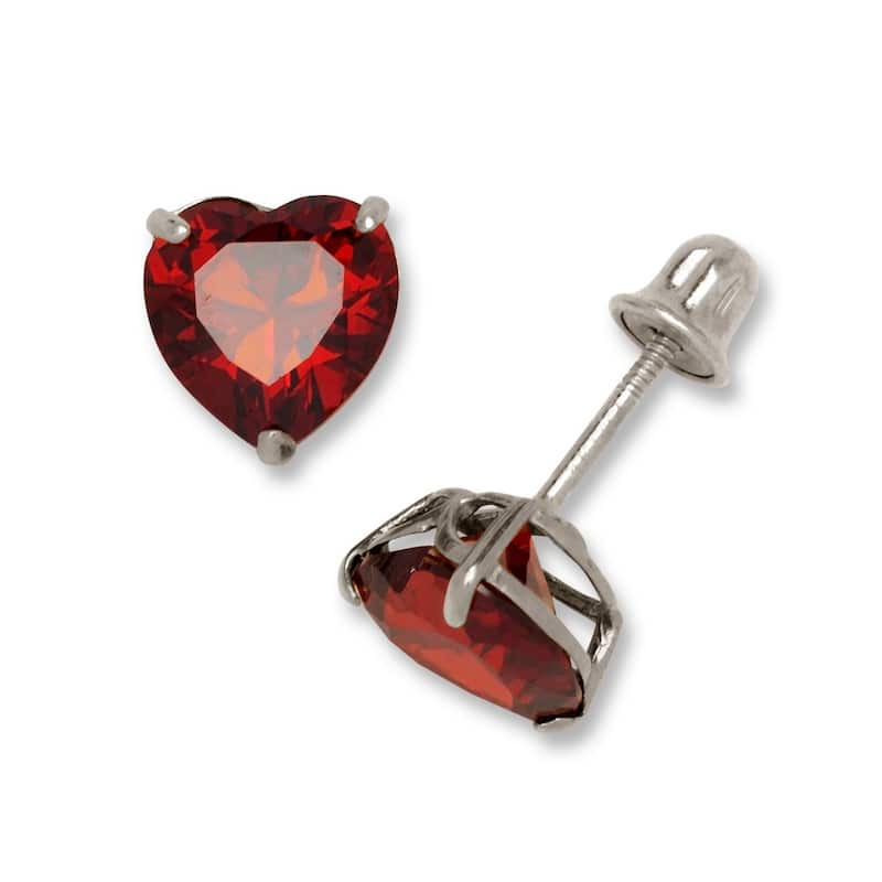 14K White Gold 6mm Heart-shaped Cubic Zircornia Birthstone Basket-Set Solitaire Screw-back Stud Earrings (12 colors)
