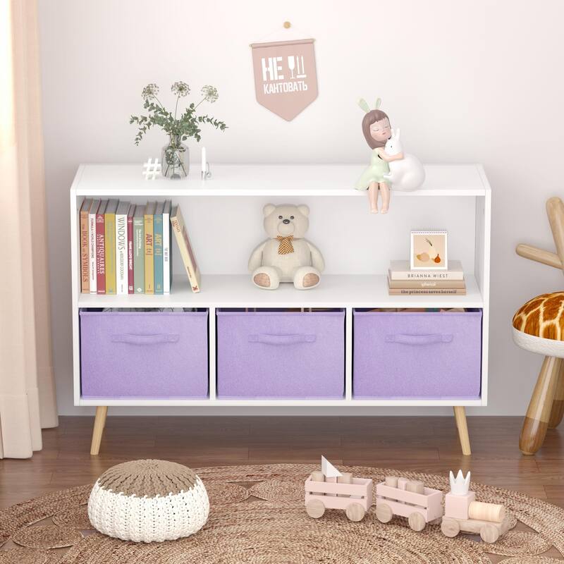 Kids bookcase with Collapsible Fabric Drawers, Children's Book Display, Toy Storage Cabinet Organizer, White/Purple