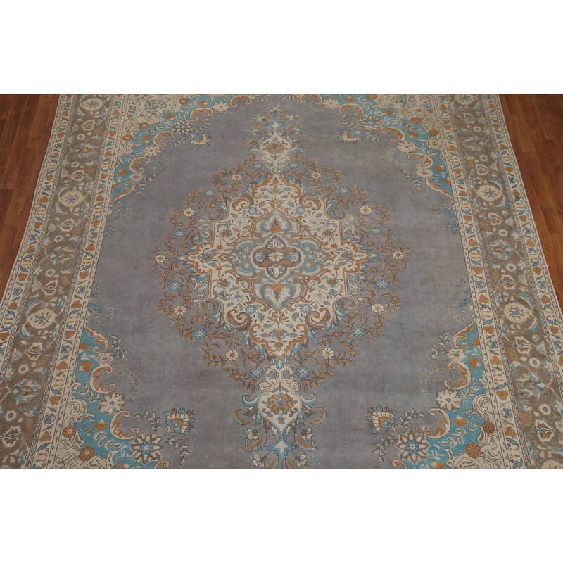 Hand Knotted Oriental 100% Wool Carpet Traditional Medallion Greys & Charcoal Tabriz Area Rug - 12' 8'' X 9' 6''