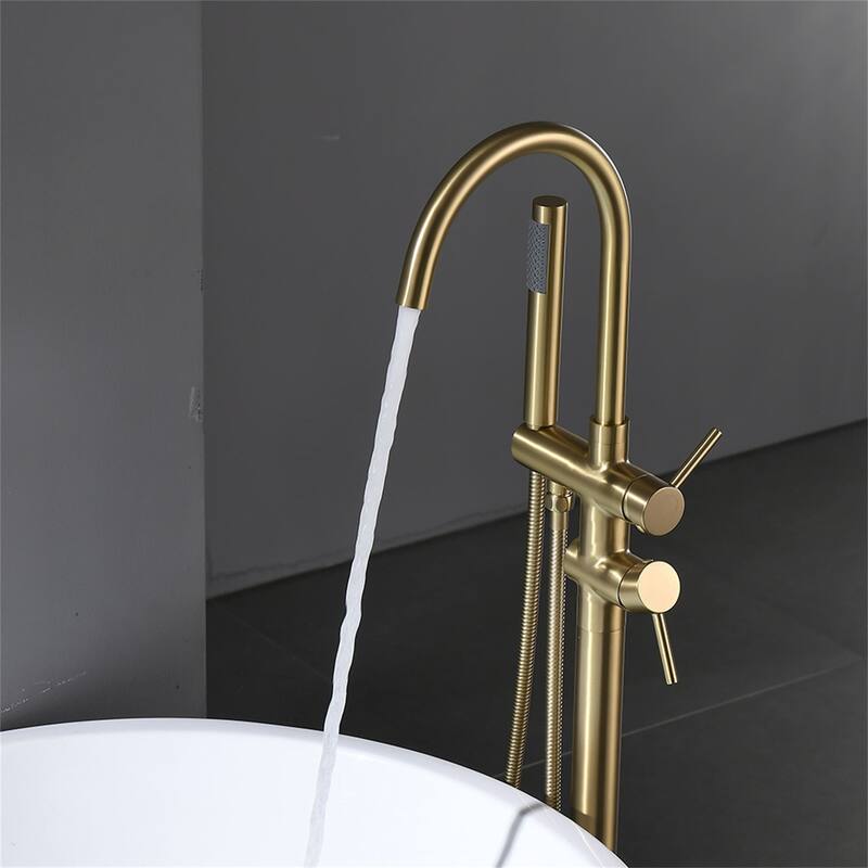 Freestanding Tub Faucet Brushed Gold Floor Mount Tub Filler with Double Handles and Handheld Shower Mixer Taps