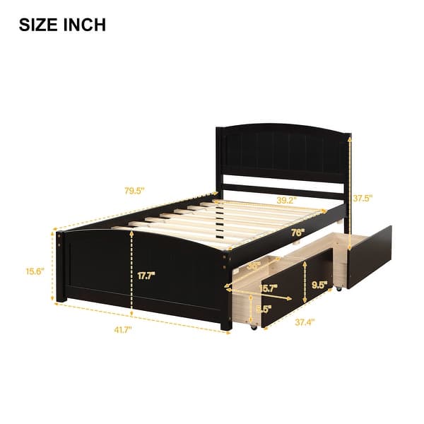 Twin Size Platform Bed with Two Drawers and Solid Pine Wood Construction