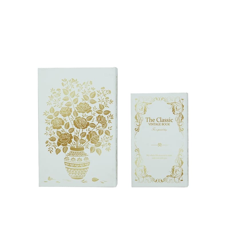 Anmytek Set of 2 Decorative Book Boxes with White and Gold Floral Motifs and Text