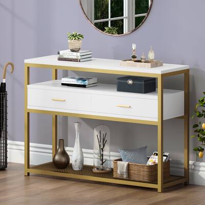 Gold Finish Console Sofa Table with Drawers and Shelves, Entryway/Hallway Table for Living Room
