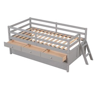 Practical Low Twin Size Wood Loft Bed with Climbing Ladder,Pull-Out Bed and Drawer