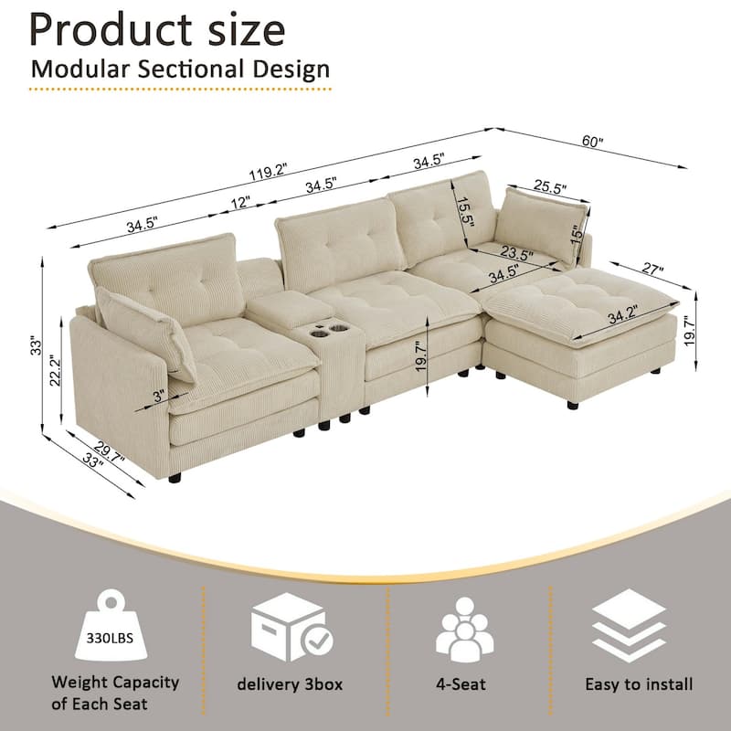 119.2" L-Shaped Corduroy Sectional Sofa with Console and Ottoman