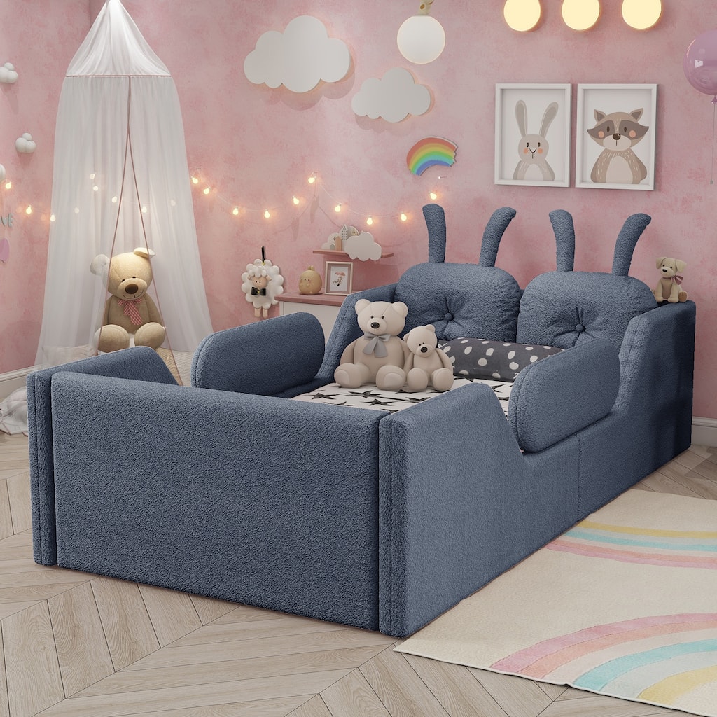 Gray Twin Upholstered Platform Bed with Rabbit Cushion & Removable Side Rails! (Arrives 2025/1/15)