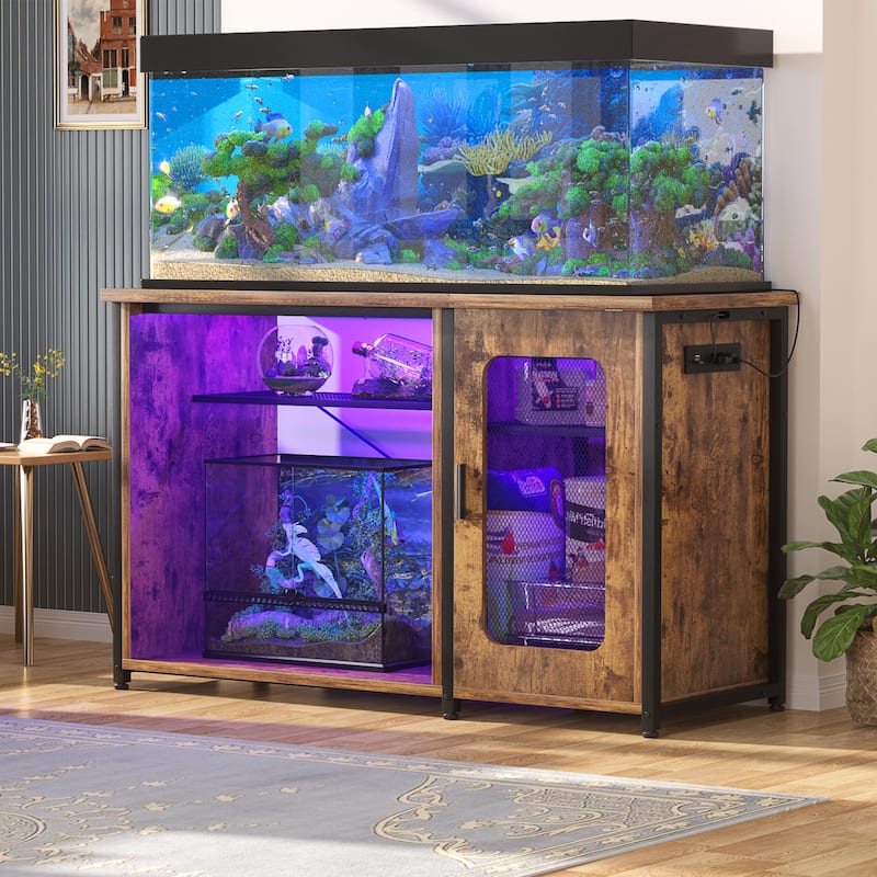 Aquarium Stand with USB Port and LED Light, Fish Tank Stand with Cabinet