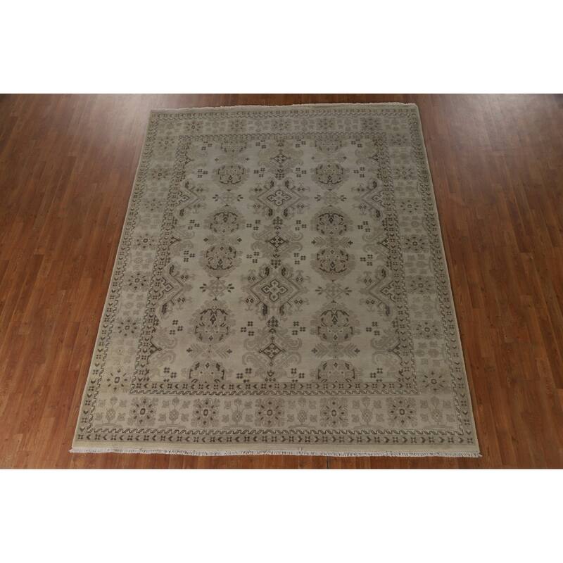 Beige Oushak Area Rug Hand-Knotted Wool Carpet - 7'10"x 9'7"