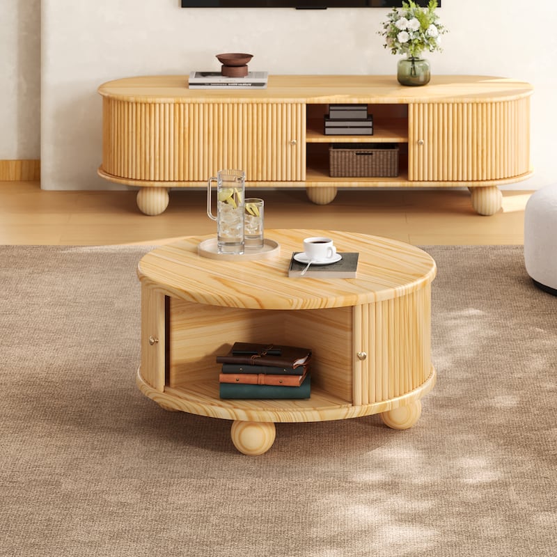 Round Coffee Table with Storage, 31.8" Modern Coffee Table with Sliding Door & Solid Wood Legs, Minimalist Center Table