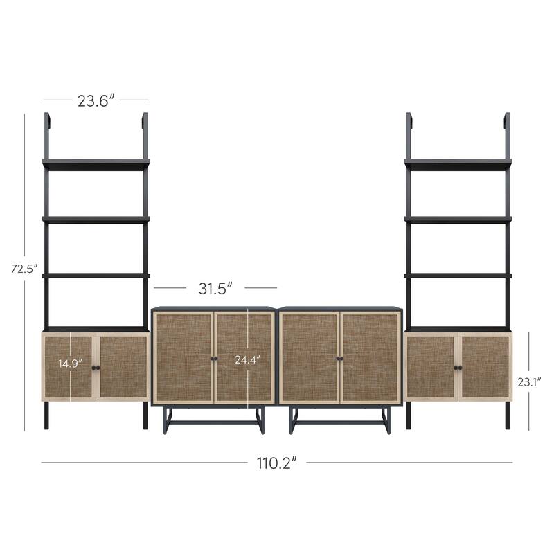 Kova Boho Rattan and Wood TV Wall Shelving Unit Accent Storage Cabinet with Metal Frame and Cane Doors