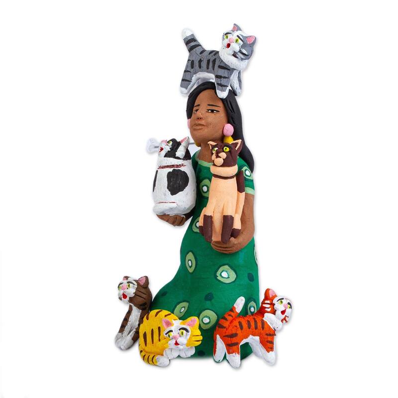 NOVICA Woman with Cats in Green, Ceramic sculpture