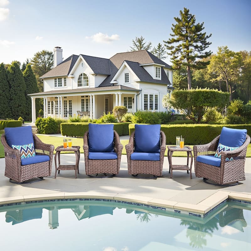 Pocassy Outdoor Swivel Chairs Patio Funiture Set - 6 Pieces - Brown & Blue